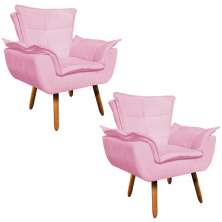 Kit 02 Poltronas Opala Suede Rosa Bebê Pés Palito Castanho D'Rossi