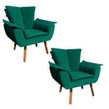Kit 02 Poltronas Opala Veludo Verde Esmeralda Pés Palito Castanho - D'Rossi