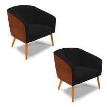 Kit 02 Poltronas Stella Corano Nozes com Linho Preto A79 Pés Palito Castanho - D'Rossi