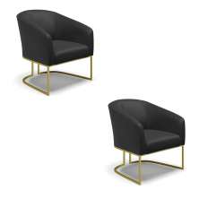 Kit 02 Poltronas Stella Corino Preto Base Metálica Industrial Dourado - D'Rossi