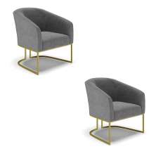 Kit 02 Poltronas Stella Linho Grafite A26 Base Metálica Industrial Dourado - D'Rossi