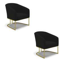 Kit 02 Poltronas Stella Linho Preto A79 Base Metálica Industrial Dourado - D'Rossi