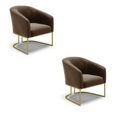 Kit 02 Poltronas Stella Suede Marrom Base Metálica Industrial Dourado - D'Rossi