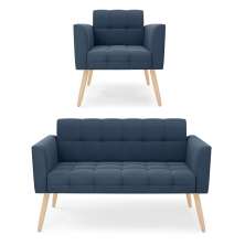 Kit 1 Sofá Namoradeira e 1 Poltrona Elisa Suede Azul Marinho Pés Palito Natural - D'Rossi