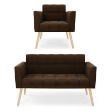 Kit 1 Sofá Namoradeira e 1 Poltrona Elisa Suede Marrom Pés Palito Natural - D'Rossi