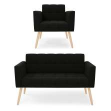 Kit 1 Sofá Namoradeira e 1 Poltrona Elisa Suede Preto Pés Palito Natural - D'Rossi