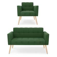 Kit 1 Sofá Namoradeira e 1 Poltrona Elisa Suede Verde Pés Palito Natural - D'Rossi