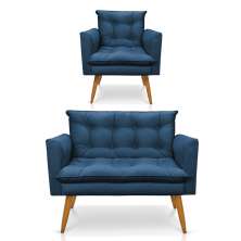 Kit 1 Sofá Namoradeira e 1 Poltrona Tais Suede Azul Marinho Pés Palito Castanho - D'Rossi