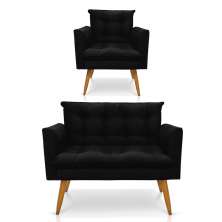 Kit 1 Sofá Namoradeira e 1 Poltrona Tais Suede Preto Pés Palito Castanho - D'Rossi