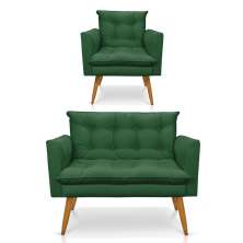 Kit 1 Sofá Namoradeira e 1 Poltrona Tais Suede Verde Pés Palito Castanho - D'Rossi