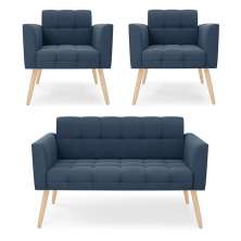 Kit 1 Sofá Namoradeira e 2 Poltronas Elisa Suede Azul Marinho Pés Palito Natural - D'Rossi