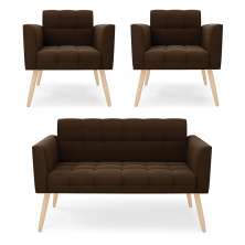 Kit 1 Sofá Namoradeira e 2 Poltronas Elisa Suede Marrom Pés Palito Natural - D'Rossi