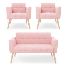 Kit 1 Sofá Namoradeira e 2 Poltronas Elisa Suede Rosa Bebê Pés Palito Natural - D'Rossi