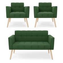 Kit 1 Sofá Namoradeira e 2 Poltronas Elisa Suede Verde Pés Palito Natural - D'Rossi