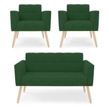 Kit 1 Sofá Namoradeira e 2 Poltronas Elisa Veludo Verde Pés Palito Natural - D'Rossi
