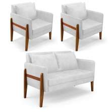 Kit 1 Sofá Namoradeira e 2 Poltronas Lana Sintético PU Branco Base de Madeira - D'Rossi