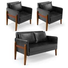 Kit 1 Sofá Namoradeira e 2 Poltronas Lana Sintético PU Preto Base de Madeira - D'Rossi