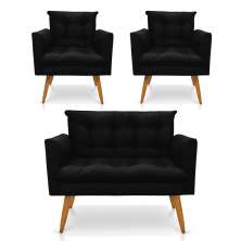 Kit 1 Sofá Namoradeira e 2 Poltronas Tais Suede Preto Pés Palito Castanho - D'Rossi