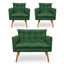 Kit 1 Sofá Namoradeira e 2 Poltronas Tais Suede Verde Pés Palito Castanho - D'Rossi
