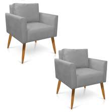 Kit 2 Poltronas Aline Suede Cinza Pés Palito Castanho - D'Rossi