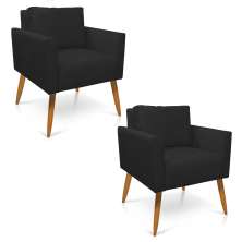 Kit 2 Poltronas Aline Suede Preto Pés Palito Castanho - D'Rossi
