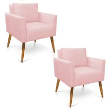 Kit 2 Poltronas Aline Suede Rosa Bebê Pés Palito Castanho - D'Rossi