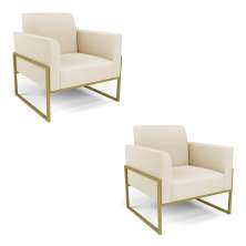 Kit 2 Poltronas Base Industrial Alta Dourado Marisa Linho Bege A19 D03 - D'Rossi