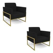 Kit 2 Poltronas Base Industrial Alta Dourado Marisa Linho Preto A79 D03 - D'Rossi