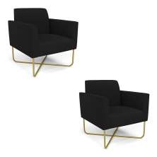 Kit 2 Poltronas Base X Industrial Dourado Marisa Linho Preto A79  D03 - D'Rossi
