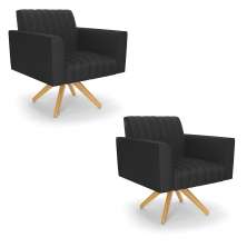 Kit 2 Poltronas Giratória Viena Gomada Corino Preto Base de Madeira MA30 - D'Rossi