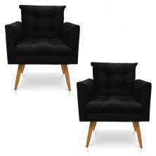 Kit 2 Poltronas Tais Suede Preto Pés Palito Castanho - D'Rossi
