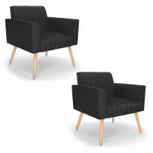 Kit 2 Poltronas Viena Gomada Corino Preto Pés Palito Natural - D'Rossi
