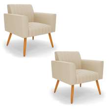 Kit 2 Poltronas Viena Gomada Suede Bege Pés Palito Castanho - D'Rossi