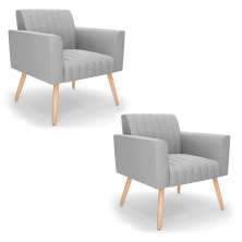Kit 2 Poltronas Viena Gomada Suede Cinza Pés Palito Natural - D'Rossi