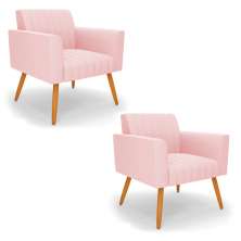 Kit 2 Poltronas Viena Gomada Suede Rosa Bebê Pés Palito Castanho - D'Rossi