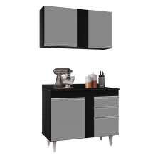 Kit Armário Aéreo e Balcão de Cozinha Lavanderia Aurora com Tampo Preto e Cinza 100 cm - D'Rossi
