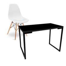 Kit Mesa Para Computador Escrivaninha Porto Preto 120 cm e Cadeira Eiffel Charles Eames Branco D'Rossi