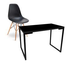 Kit Mesa Para Computador Escrivaninha Porto Preto 120 cm e Cadeira Eiffel Charles Eames Preto D'Rossi