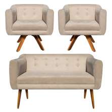 Kit Namoradeira 02 Lugares e 02 Poltronas Giratória Julia Suede Bege Base Madeira MM30 D'Rossi