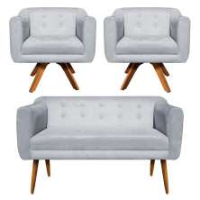 Kit Namoradeira 02 Lugares e 02 Poltronas Giratória Julia Suede Cinza Base Madeira MM30 D'Rossi