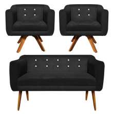 Kit Namoradeira 02 Lugares e 02 Poltronas Giratória Julia Suede Preto com Strass Base Madeira MM30 D'Rossi