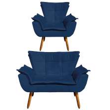 Kit Namoradeira e 01 Poltrona Opala Suede Azul Marinho Pés Palito Castanho D'Rossi