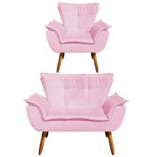 Kit Namoradeira e 01 Poltrona Opala Suede Rosa Bebê Pés Palito Castanho D'Rossi