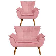 Kit Namoradeira e 01 Poltrona Opala Suede Rose Pés Palito Castanho D'Rossi