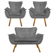 Kit Namoradeira e 02 Poltronas Opala Suede Grafite Pés Palito Castanho D'Rossi