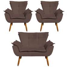 Kit Namoradeira e 02 Poltronas Opala Suede Marrom Pés Palito Castanho D'Rossi