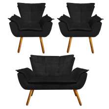 Kit Namoradeira e 02 Poltronas Opala Suede Preto Pés Palito Castanho D'Rossi