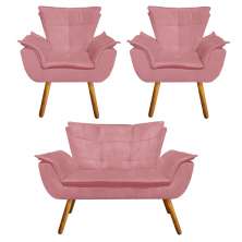 Kit Namoradeira e 02 Poltronas Opala Suede Rose Pés Palito Castanho D'Rossi