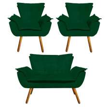 Kit Namoradeira e 02 Poltronas Opala Suede Verde Pés Palito Castanho D'Rossi