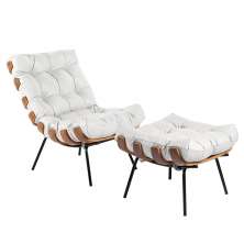 Kit Poltrona e Puff Costela Couro Branco Base de Metal - D'Rossi